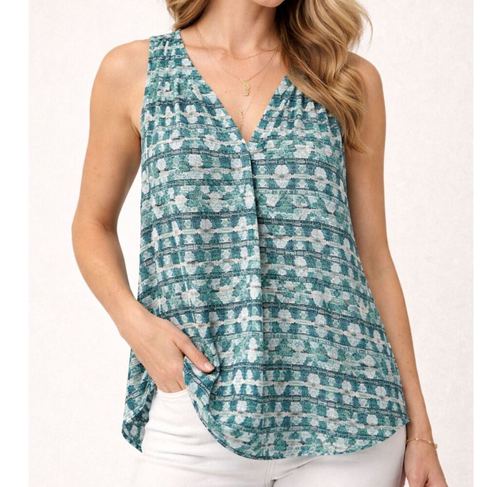 Joie 100% Silk Sleeveless Blouse Teal Geometric Print Flowy Top L